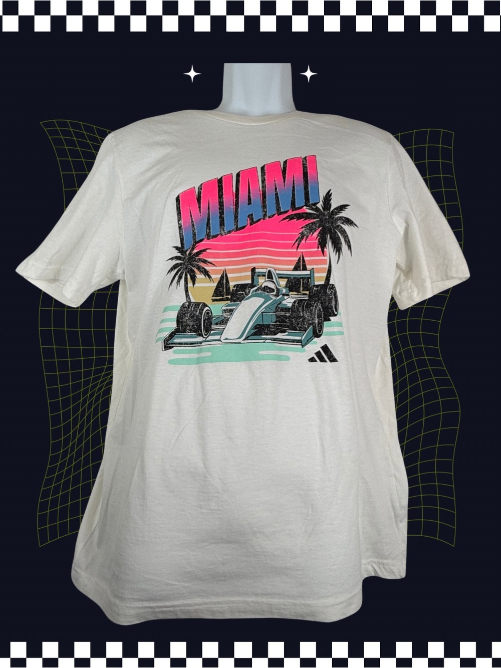 Adidas Mens Miami Racing F1 Graphic T-Shirt Cream White Vaporwave Size M NEW